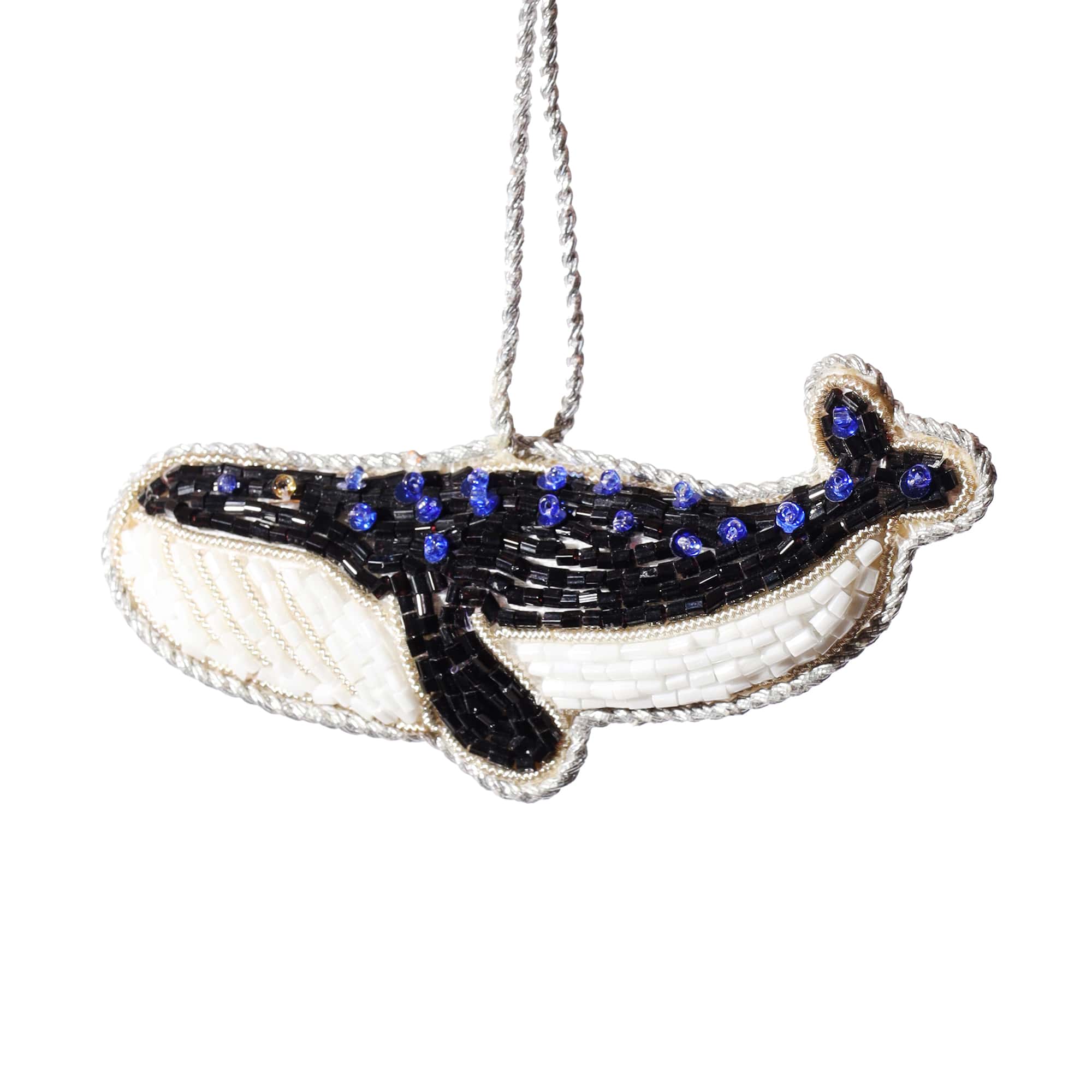 beaded whale christmas decoration half blue black and half white.