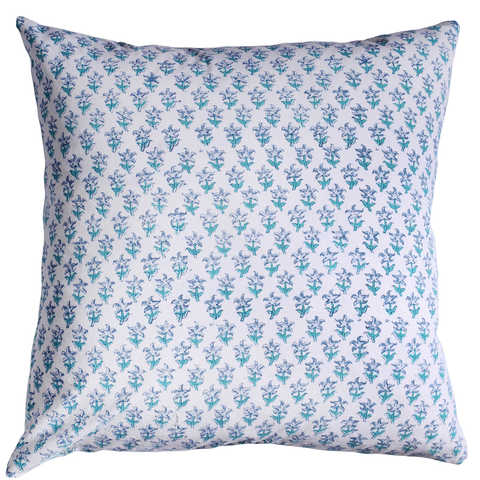 Reverse of Coastal Blue Coraline cushion with  print of blue small starfish shaped flowers on a white background