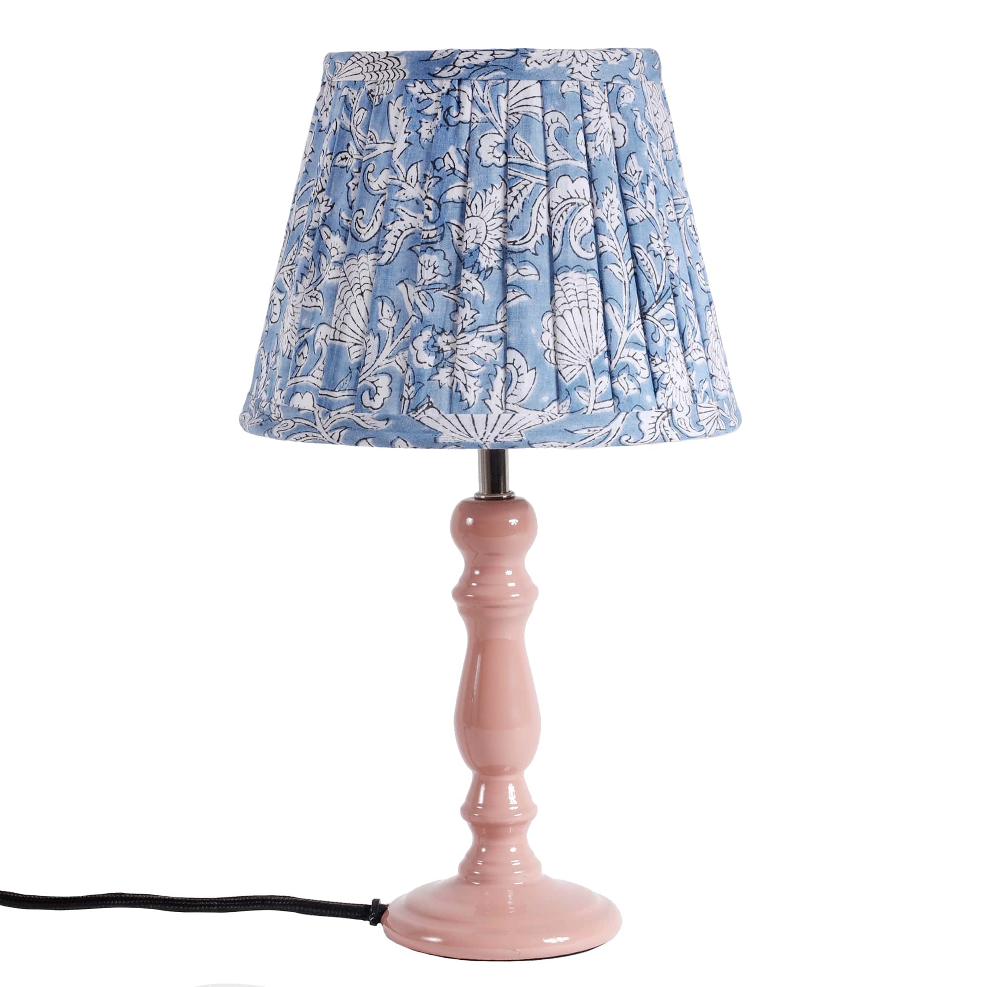 Small pleated Blue lampshade in hand blocked print in blue and white on our pink pixie lampbase