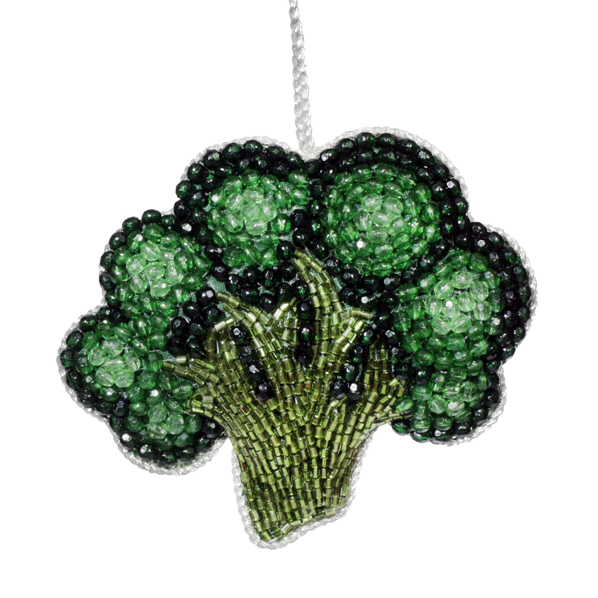 Hand-beaded broccoli ornament featuring intricate green beads in various shades. This whimsical and playful decoration adds a fun touch to any space, perfect for unique home decor or as a quirky gift for veggie enthusiasts.