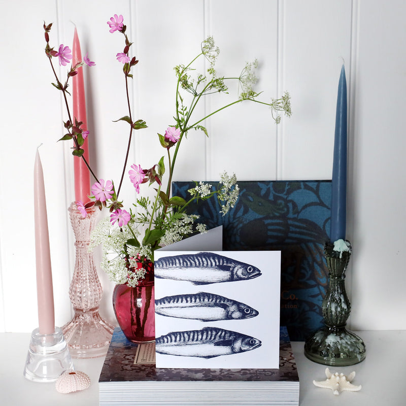 greeting card with navy illustration of 3 mackerel without tails on a white background on shelf with pink and blue candles in candlesticks and a small cranberry glass jug with wild flowers in