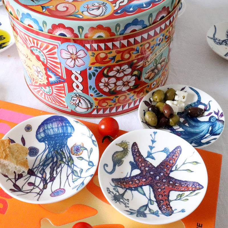 Nibbles bowl in Bone China in our colourful Reef range in the Jellyfish design placed on a brightly coloured book.Next to it is a brightly coloured large tin and another reef nibbles bowl with olives