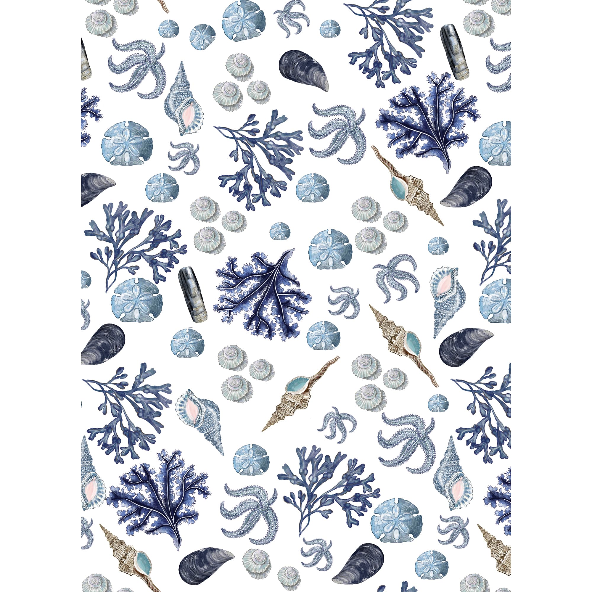 Cotton and Linen  Beachcomber Tea towel decorated with seashells,sand dollars,mussel shell and seaweed hand drawn designs in shades of blue on a white background