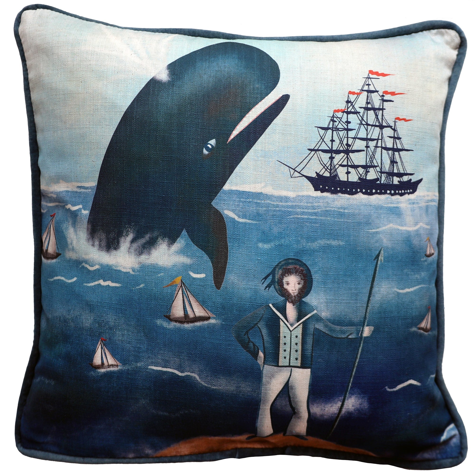 A square decorative cushion featuring a whimsical nautical design. The illustration depicts a large whale emerging from the ocean, surrounded by small sailboats and a tall ship with red sails in the background. In the foreground, a captain dressed in a blue sailor’s outfit stands on the shore, holding a spear and gazing out at the sea. The vibrant shades of blue and playful maritime imagery give the cushion a charming, coastal aesthetic, perfect for adding a touch of seaside adventure to any space.