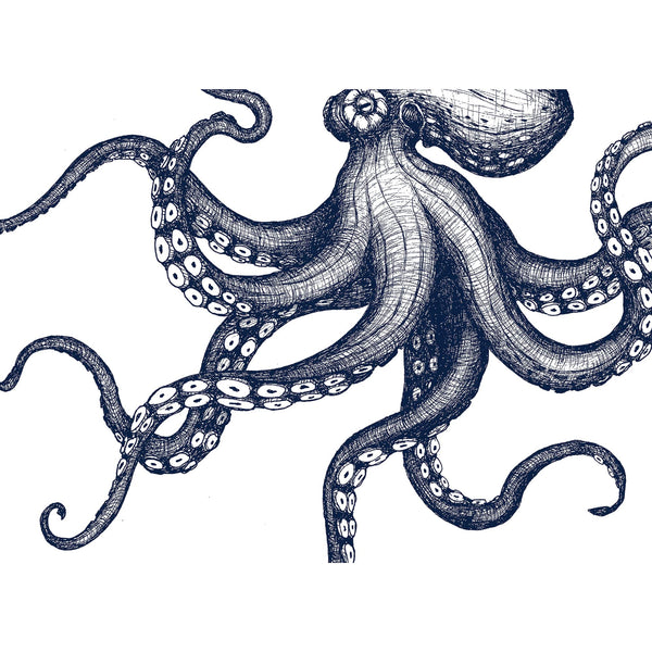 Cotton and Linen Octopus Tea towel decorated with hand drawn design in shades of blue on a white background