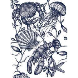 Cotton and Linen Sea Creature Tea towel decorated with hand drawn design in shades of blue on a white background