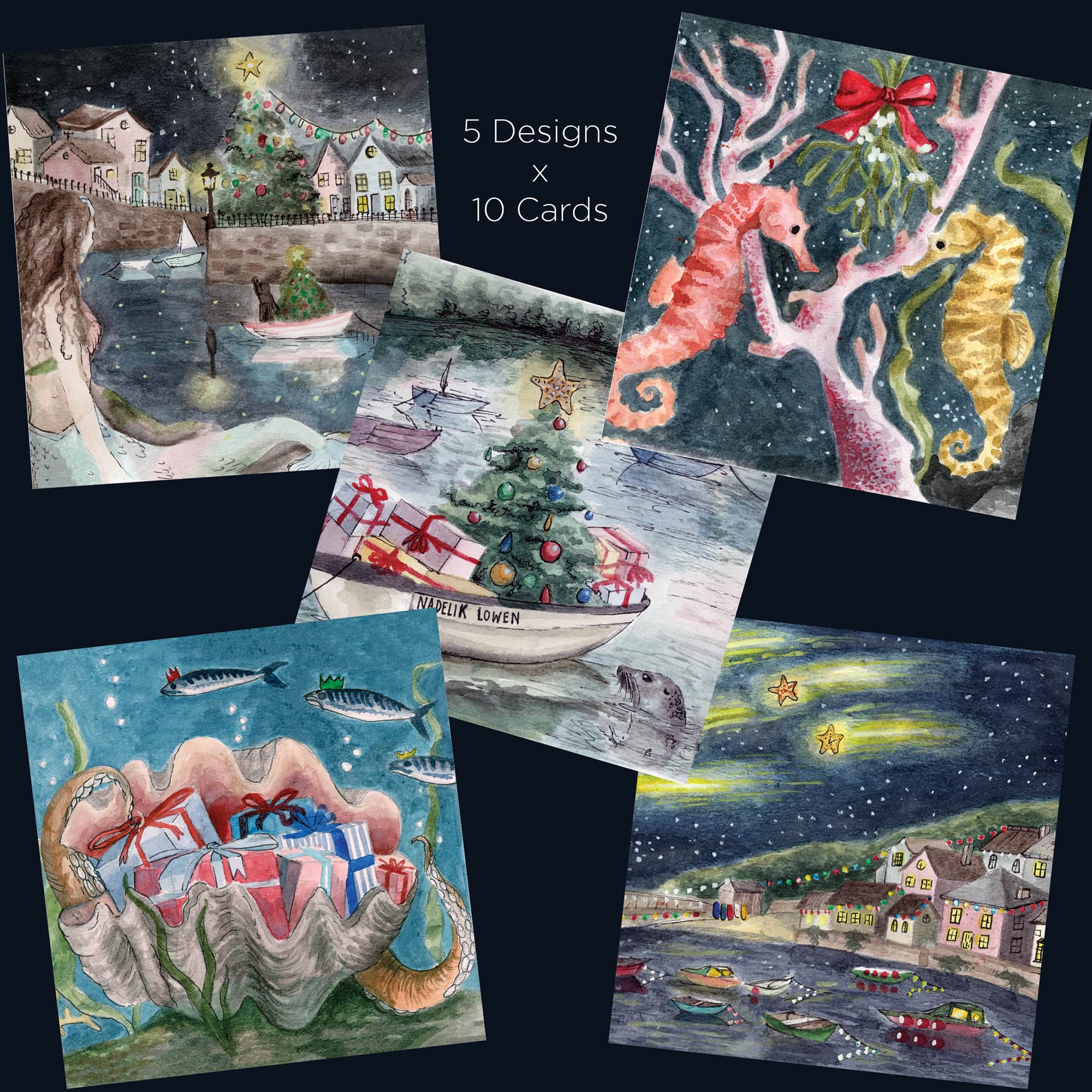 A collage of five Cream Cornwall Christmas card designs, featuring festive coastal scenes. The illustrations include seahorses under mistletoe, a boat with a Christmas tree and presents labeled 'Nadelik Lowen' (Merry Christmas in Cornish), a large seashell filled with wrapped gifts surrounded by fish wearing crowns, a decorated seaside village, and a starry night over a coastal harbor. The text on the image reads '5 Designs x 10 Cards,' highlighting the variety of cards in the pack.