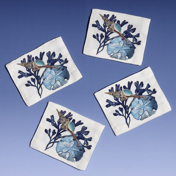 Fabric coasters in our Beachcomber design in a set of four,all identical placed at angles 