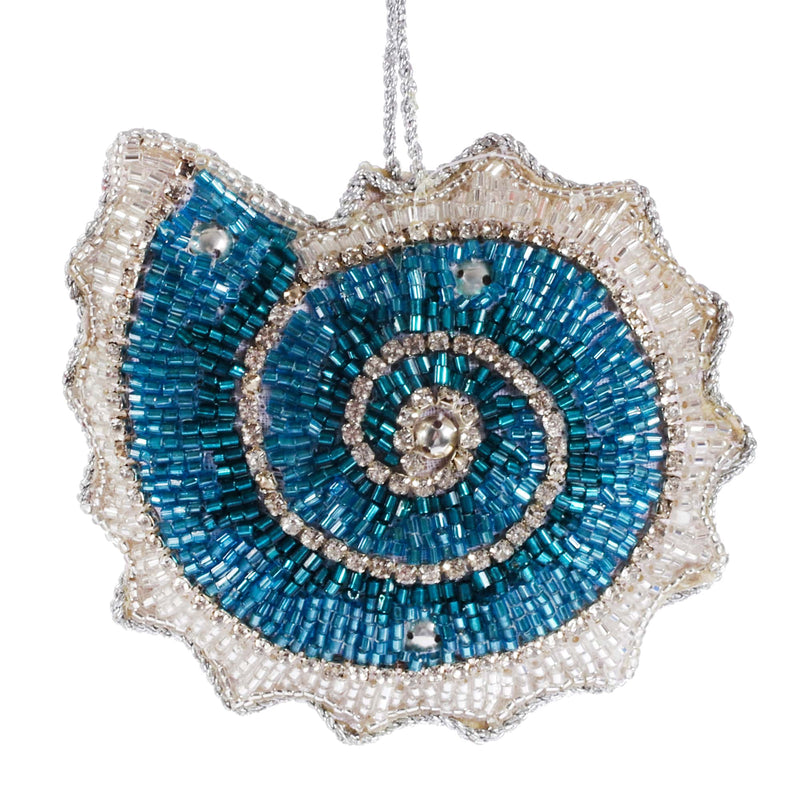 beaded blue and silver christmas decoration in the shape of an ammonite