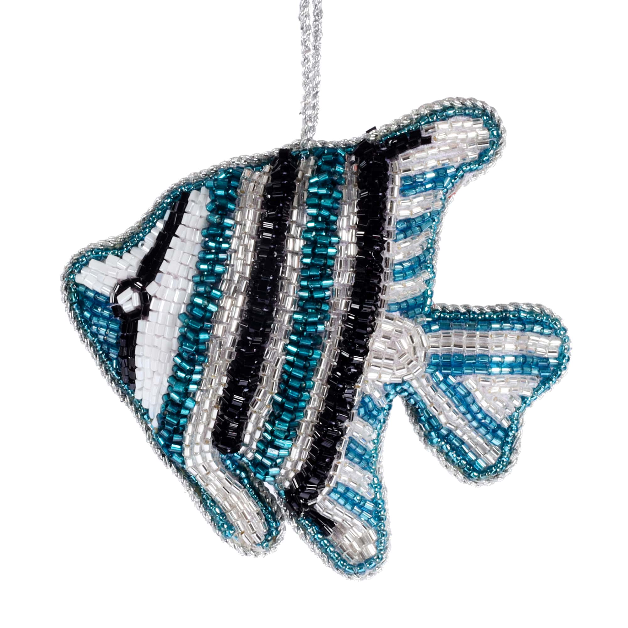 The image shows a decorative fish made from small, colorful beads. The fish has alternating stripes of teal, black, and white beads, arranged to create a detailed pattern resembling an angelfish. The body is primarily made up of metallic and glassy beads, giving it a shiny and textured appearance. A string is attached at the top, suggesting that it can be hung as an ornament or decoration.