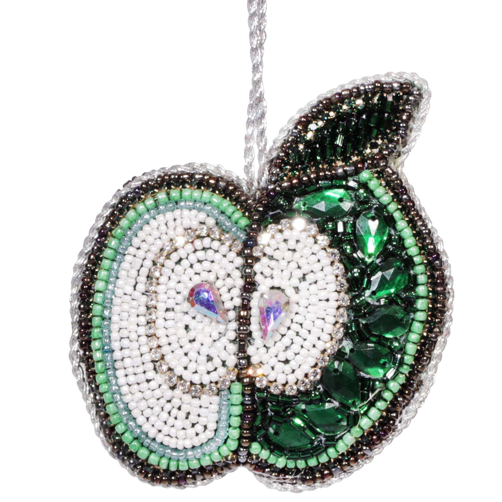 Hand-beaded apple ornament featuring green, white, and jewel-toned beads. A perfect quirky addition to your Christmas tree or as a fun accent around the house. Ideal for someone who likes something a bit different.