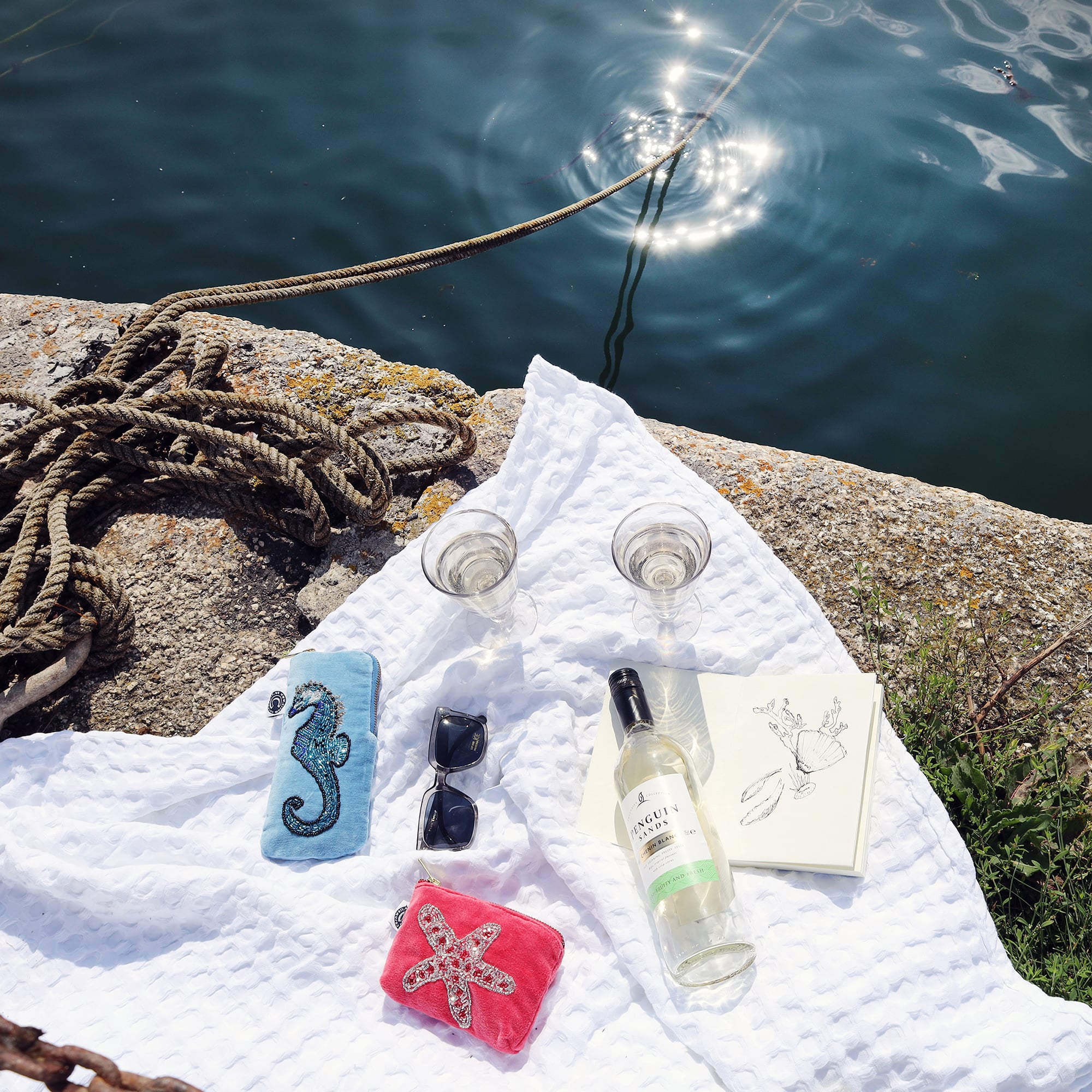 Picnic scene by the quay with with the sunlit water in the background. the blanket is laid with wine and glasses and there is a pair of sunglasses next to a light blue velvet glasses case with beaded seahorse design and a pink velvet coin purse with beaded starfish design.