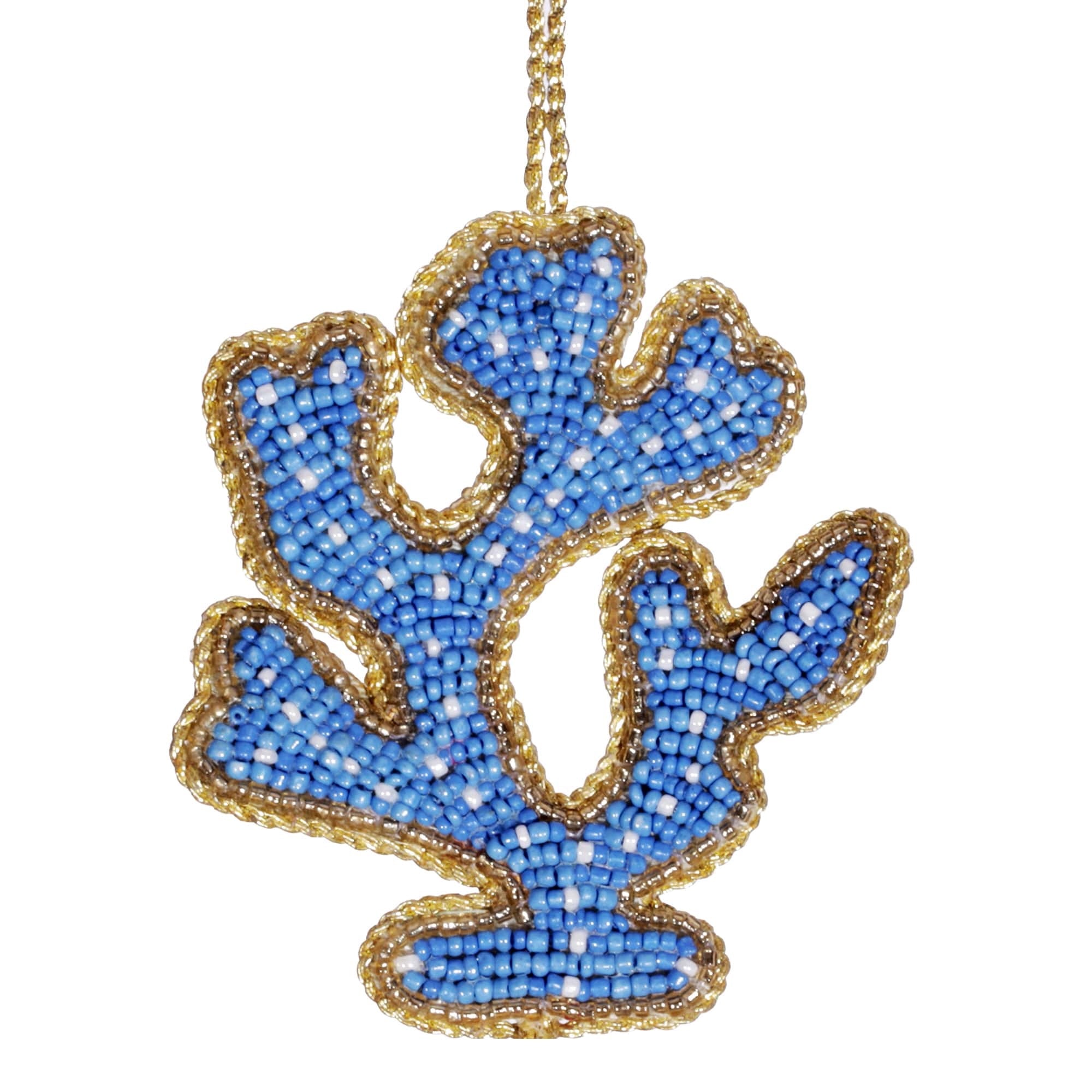 Hand-beaded blue coral ornament with intricate blue and gold beadwork, inspired by the natural beauty of the ocean. This coastal-themed decoration adds a touch of seaside elegance, perfect for home decor or as a unique gift for ocean and nature enthusiasts.