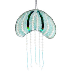 beaded aqua christmas decoration in the shape of a jellyfish with 5 strands of dangling pearl and glass bead tentacles