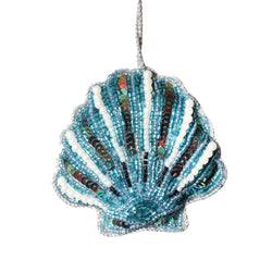 beaded, sequined and pearl decorated blue scallop shell hanging christmas decoration
