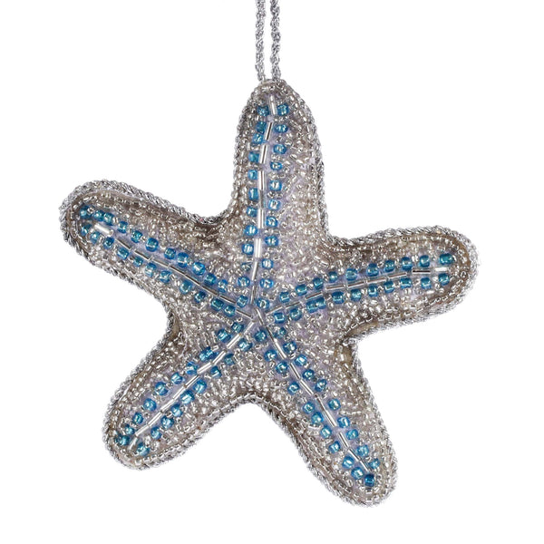 beaded silver and blue christmas decoration in the shape of starfish