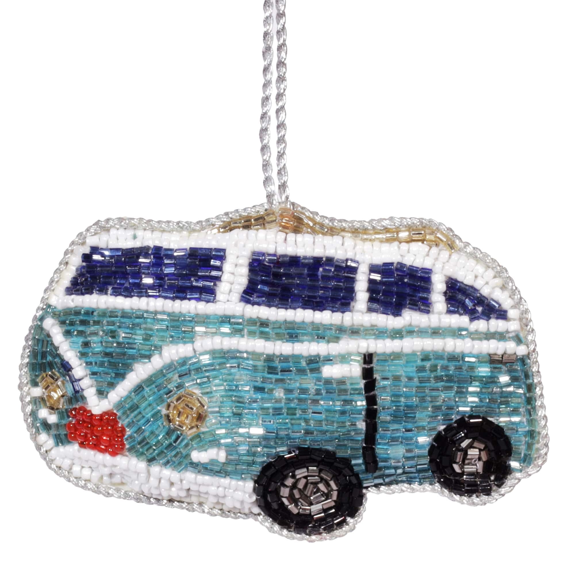 Alt text: Hand-beaded camper van ornament featuring turquoise, blue, white, and red beads. This coastal-inspired decoration adds a fun, retro vibe, perfect for home decor or as a unique gift for travel and ocean enthusiasts.