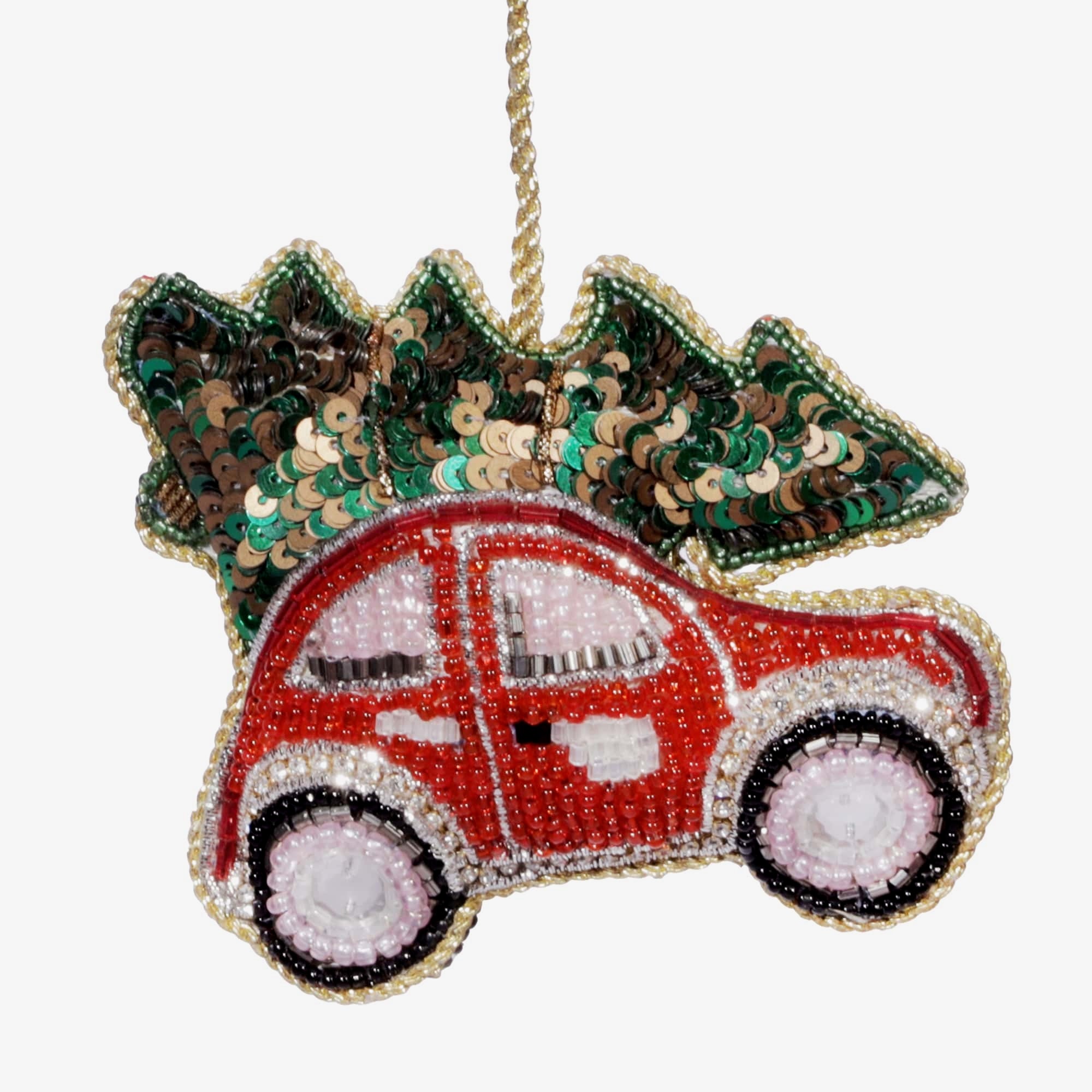 Hand-beaded VW Beetle with a Christmas tree, crafted in red, green, and gold beads with shimmering sequins. A festive, nostalgic decoration perfect for holiday decor or as a unique Christmas keepsake.