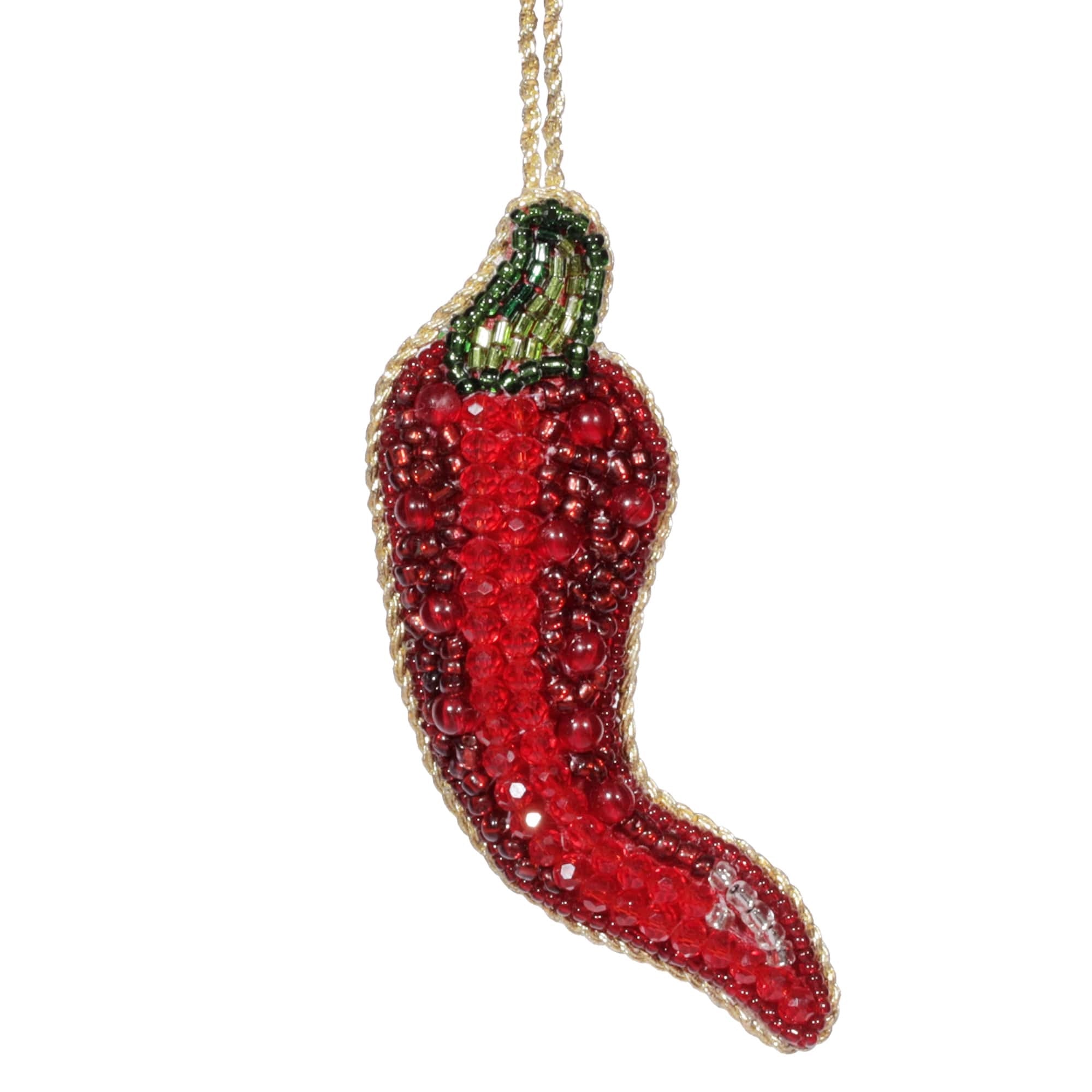 Hand-beaded chili ornament featuring vibrant red and green beads. This bold decoration adds a spicy touch, perfect for hanging in the kitchen or as a quirky ornament on a Christmas tree. Ideal for chili lovers or anyone who enjoys a playful, fiery flair in their decor.