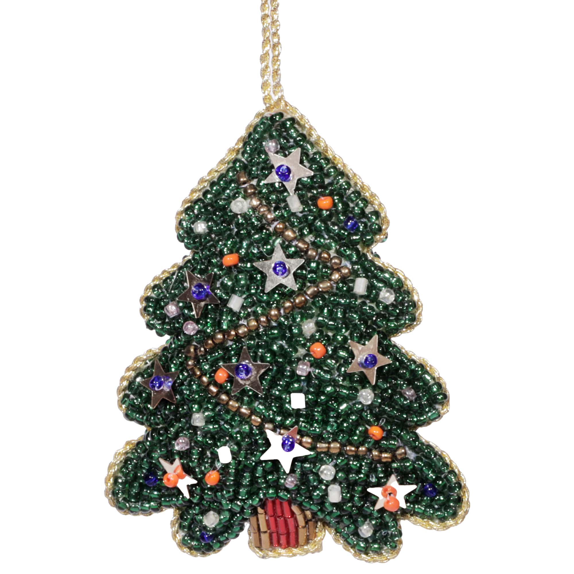 Hand-beaded Christmas tree ornament featuring green, gold, and multicolored beads with star embellishments. Perfect for adding festive charm to holiday decor or as a unique Christmas gift.