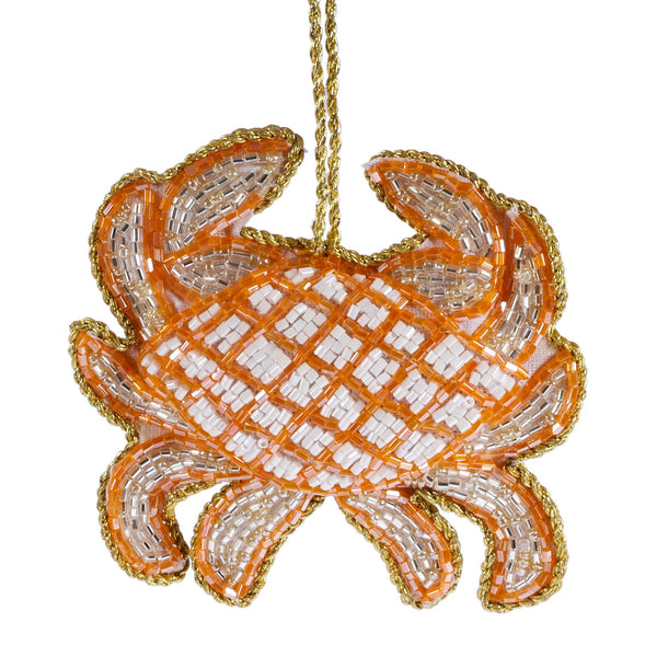 beaded orange and gold christmas decoration in the shape of a crab