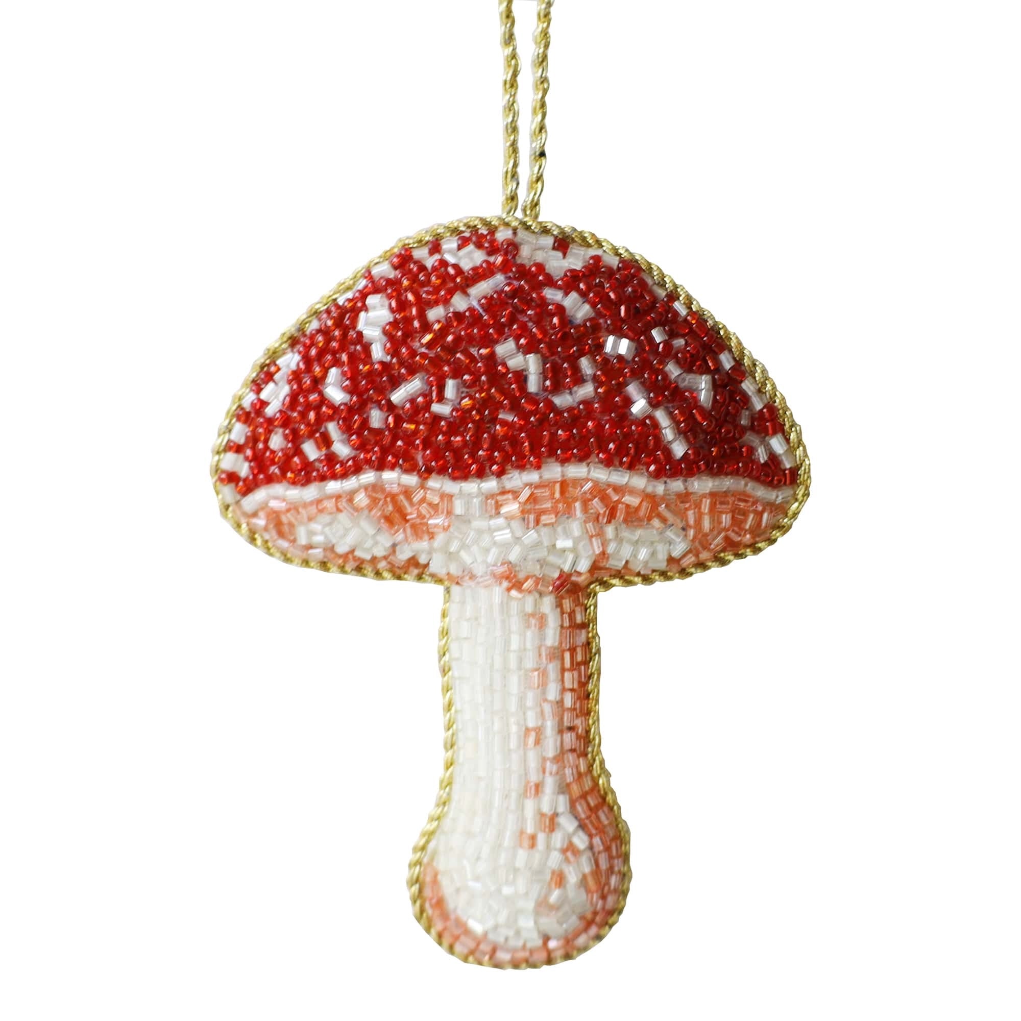 Hand-beaded mushroom ornament featuring intricate red, white, and orange beads. This unique decoration captures the essence of woodland nature, perfect for adding a playful touch to home decor or as a thoughtful gift for nature enthusiasts.