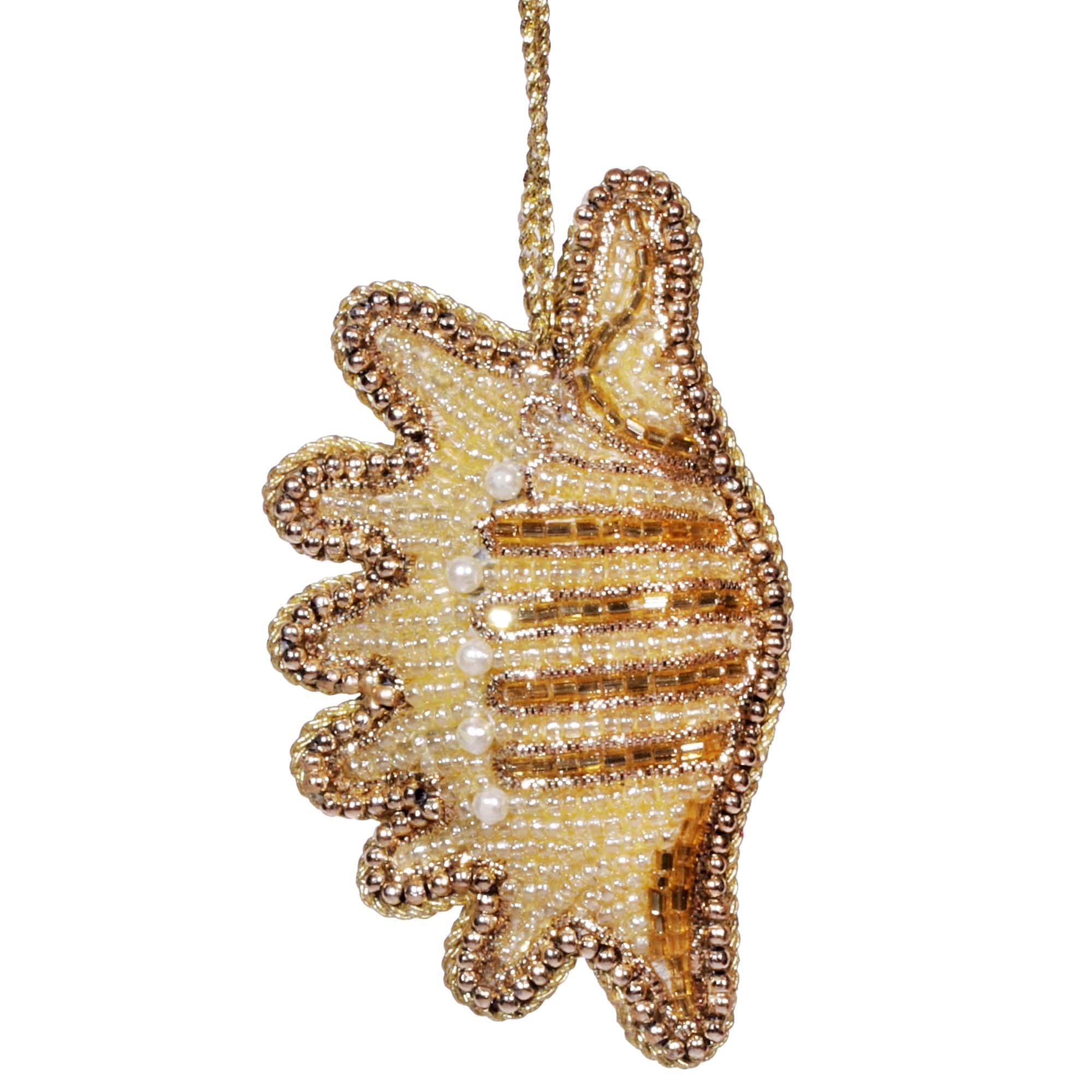 Hand-beaded gold shell ornament featuring intricate gold and pearl-like beads. This coastal-themed decoration adds a touch of elegance and sophistication, perfect for enhancing home decor or as a thoughtful gift for beach lovers.