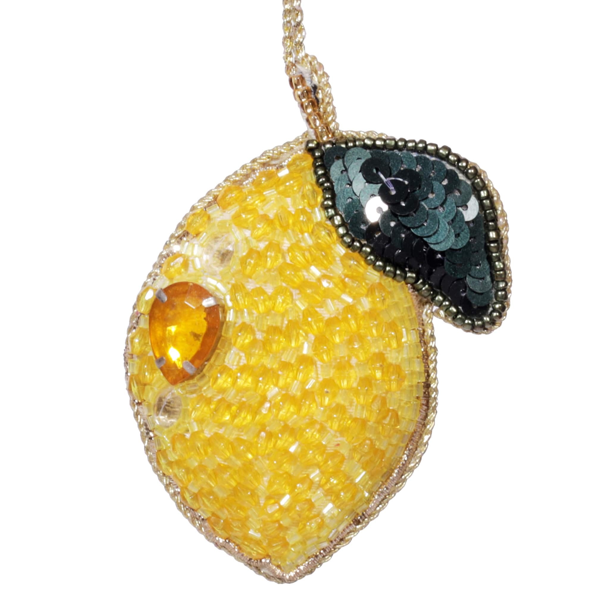 Hand-beaded lemon ornament featuring bright yellow beads, a sparkling jewel accent, and a sequin leaf. This vibrant decoration adds a playful touch, perfect for hanging as a reminder of sunny days or as a quirky ornament on a Christmas tree. Ideal for lovers of lemons and Italy.​⬤