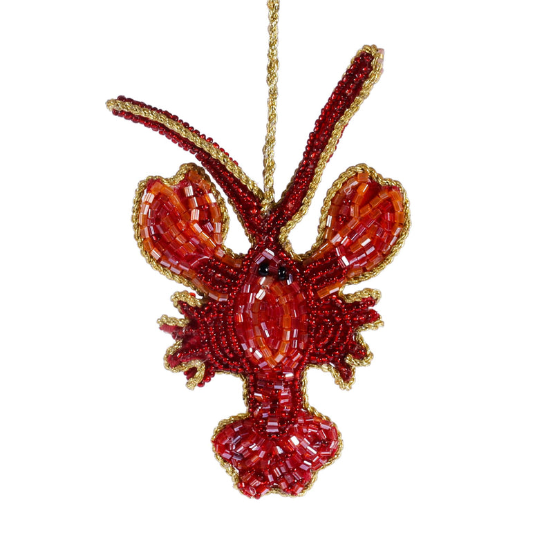 beaded read and orange lobster christmas decoration edged in gold braid