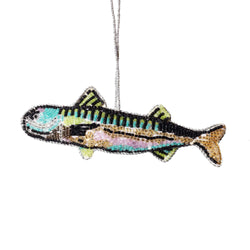beaded mackerel christmas decoration in turquoise, green and pink