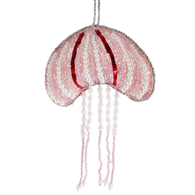 beaded pink christmas decoration with red sequins and white pearls