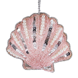 beaded pink scallop shell christmas decoration with silver sequins and white pearls