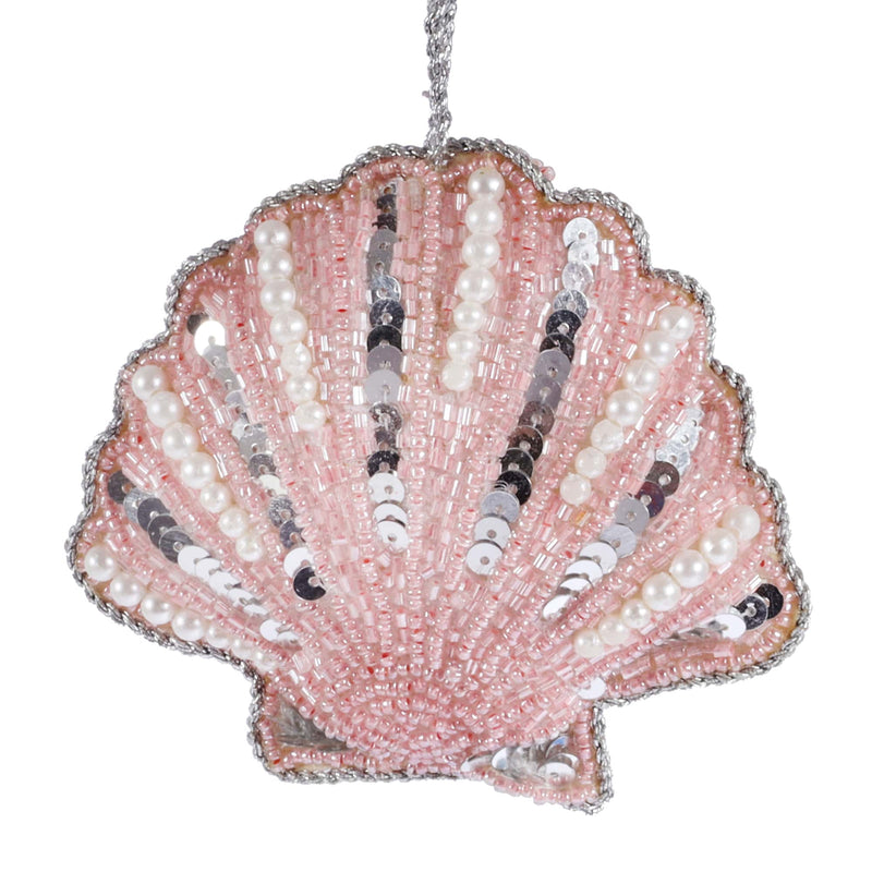 beaded pink scallop shell christmas decoration with silver sequins and white pearls