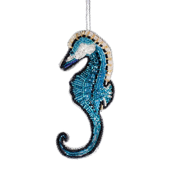 beaded blue and turquoise christmas decoration in the shape of a seahorse