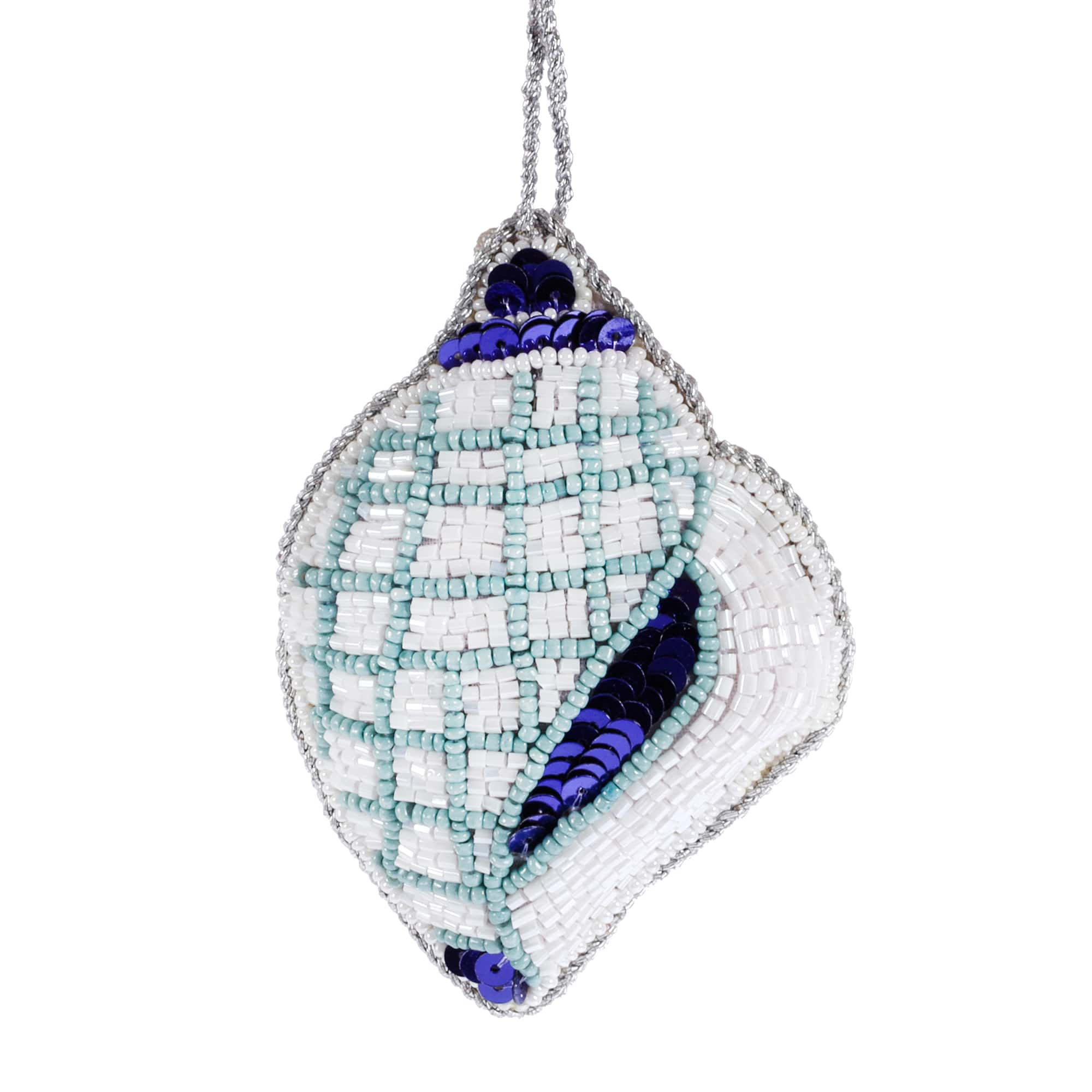 beaded blue and white christmas decoration in the shape of a conch shell