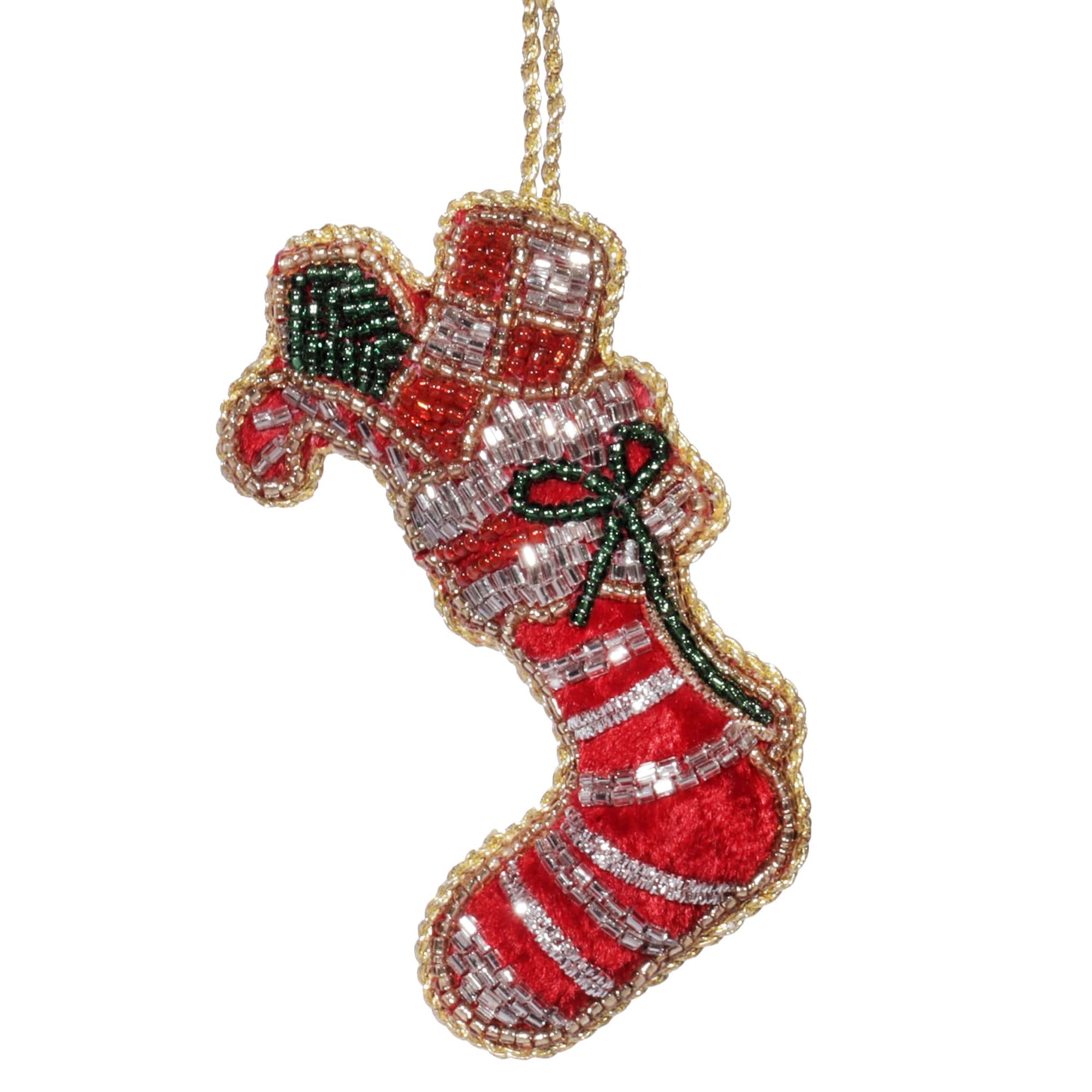 Description:
This festive hand-beaded Christmas stocking decoration is the perfect addition to your holiday decor. Featuring intricate red, green, and silver beads with playful details, it adds a touch of Christmas cheer to your tree or home. Ideal for bringing a little holiday magic or as a unique gift for the season.

SEO Description (320 characters):
This festive hand-beaded Christmas stocking decoration, featuring red, green, and silver beads, adds a cheerful touch to your holiday decor. Perfect for han