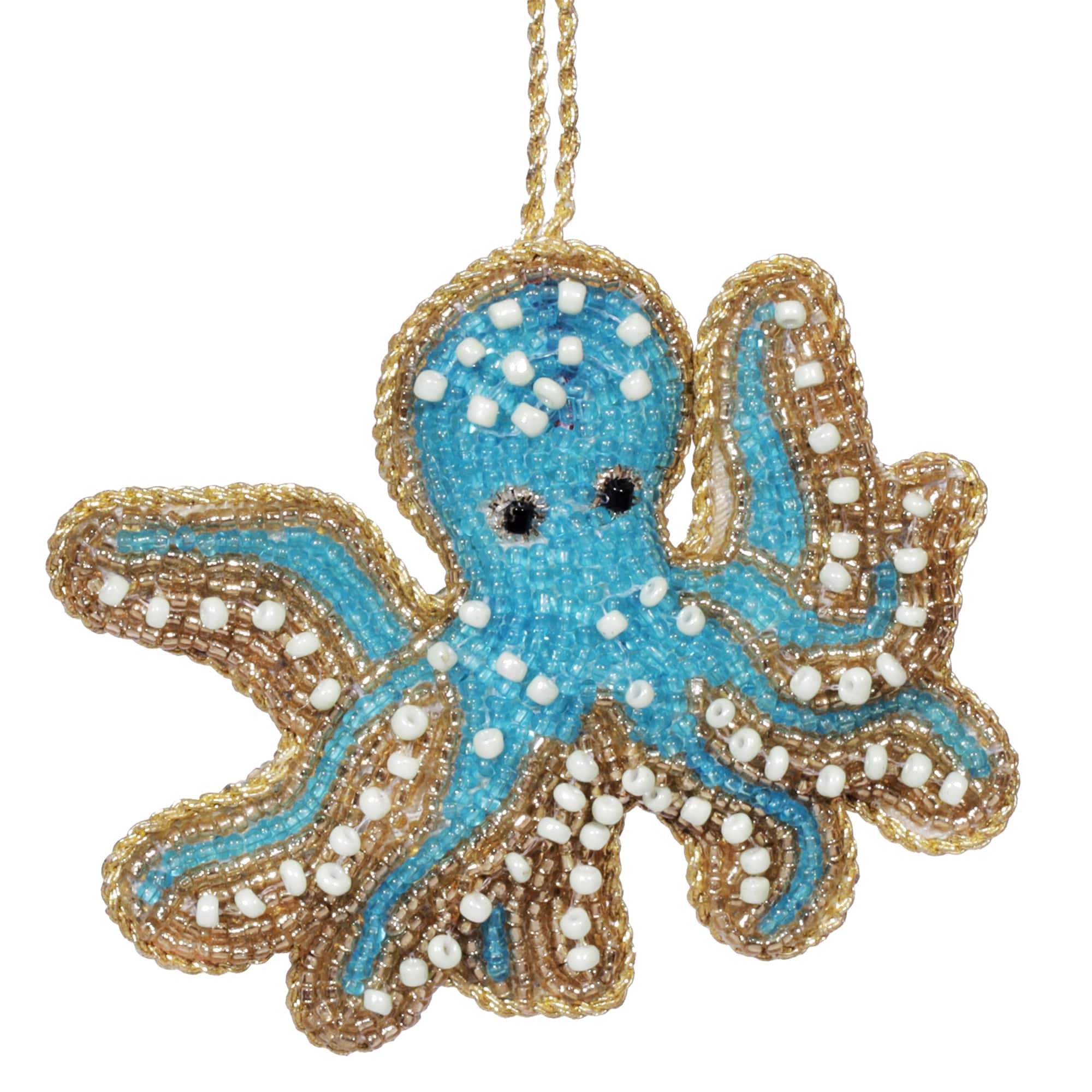 Hand-beaded turquoise and gold octopus ornament with intricate detailing, accented with white pearls. This coastal-inspired decoration adds a playful and elegant touch, perfect for home decor or as a unique gift for ocean enthusiasts.