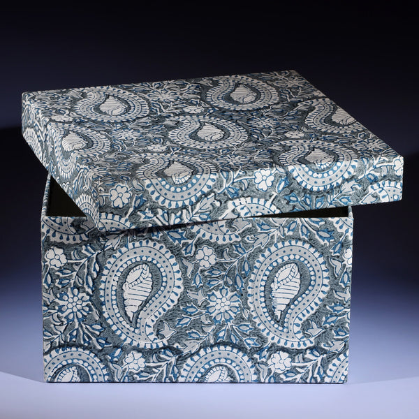 Large Paisley shell hand blocked paper covered box with lid slightly askew