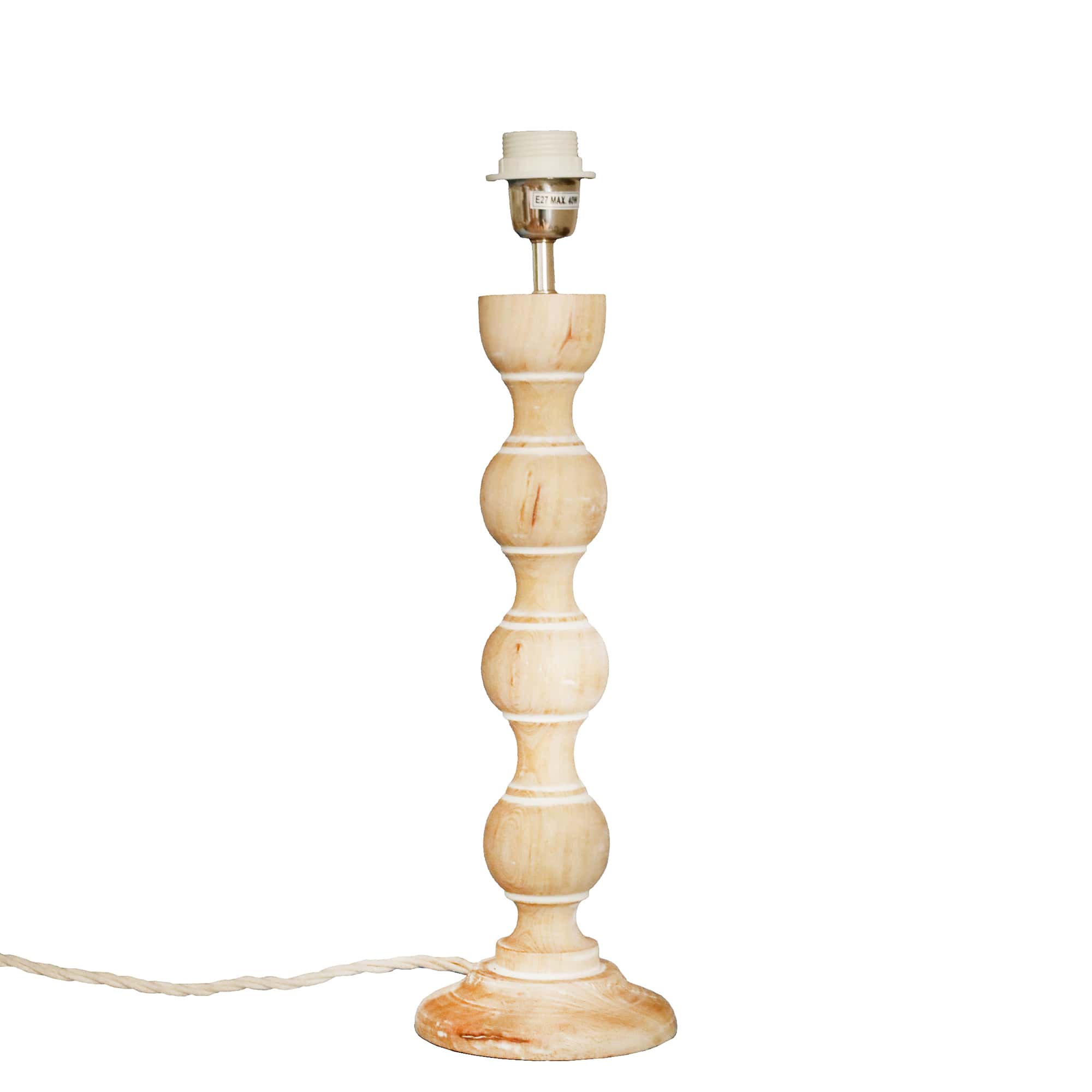 Whitewashed wooden lamp base in large bobbin design with natural coloured flex and chrome & white fittings.