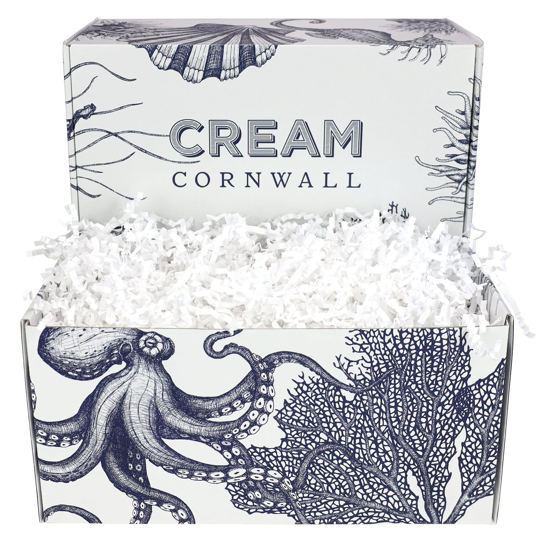 Image of our luxury hamper box which is decorated with our iconic blue and white octopus and shell design