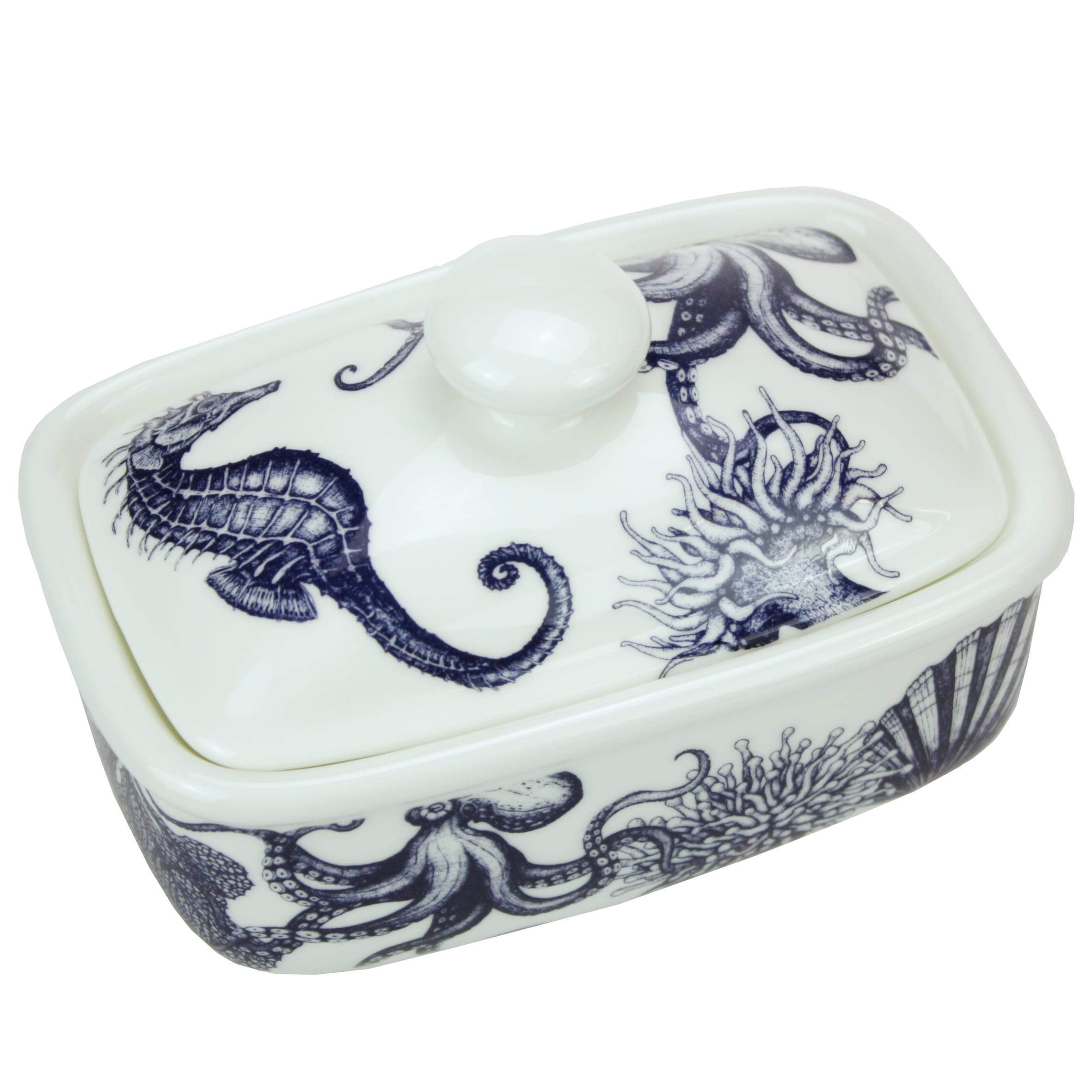 Butter dish in our Classic range,with seahorses,shells,octopus and other sea themed designs all over the base and the lid