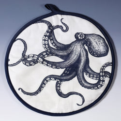 blue & white aga cover with octopus design and dark blue piping