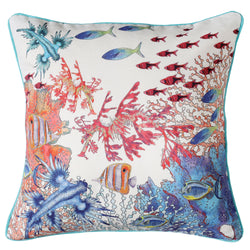 White piped linen cushion with plain turquoise back.Front has hand drawn illustrations including leafy seadragon and other marine sea fish in a seaweed underwater scene.