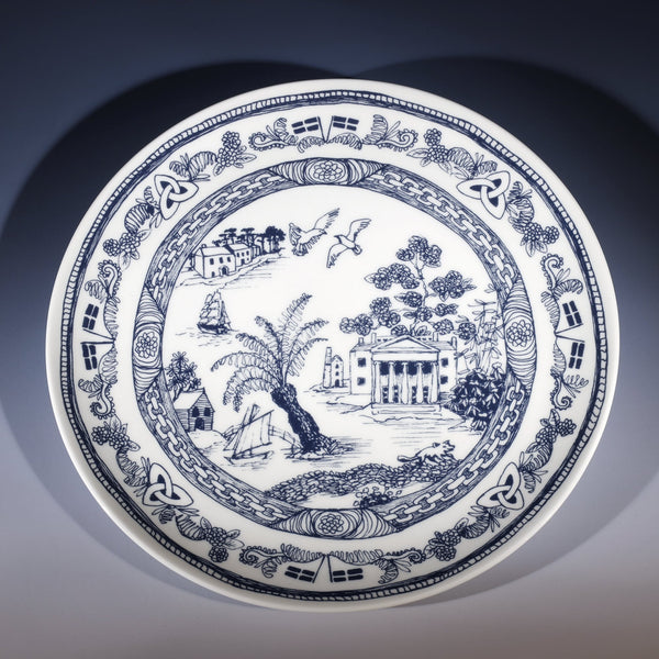 Bone China White  plate with beautifully hand drawn illustrations our classic Willow design with typically Cornish scenes in Navy
