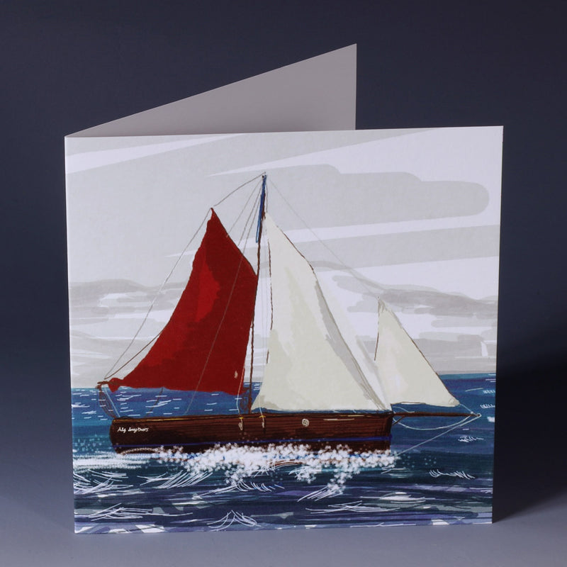 greeting card with illustration of a cornish crabber boat sailing in the sea 