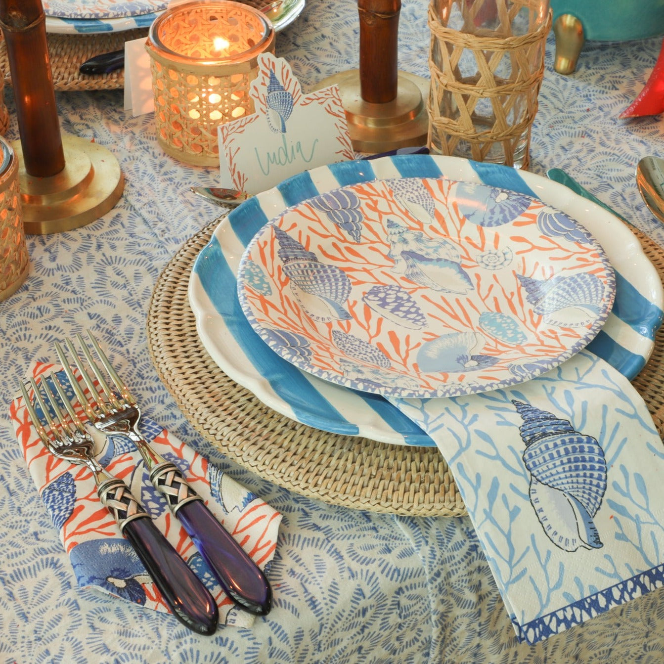 Shell Toile Paper Napkins - Coral & Blue
