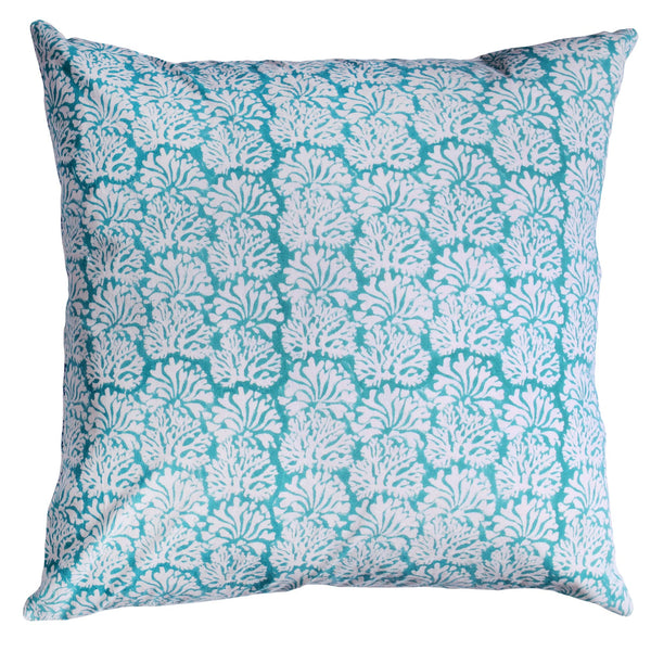 Coastal Blue Coraline cushion which is Hand block printed fabric in a soft blue and the print is soft turquoise blue with white coral print.