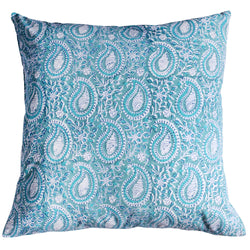 Sea Foam Paisley Shell cushion which is Hand block printed fabric in a turquoise blue and white, the print is a repeat paisley with a shell theme throughout with swirling flowers.