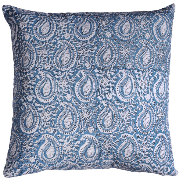 Azure Paisley Shell cushion which is Hand block printed fabric in a soft blue and white, the print is a repeat paisley with a shell theme throughout  with swirling flowers.