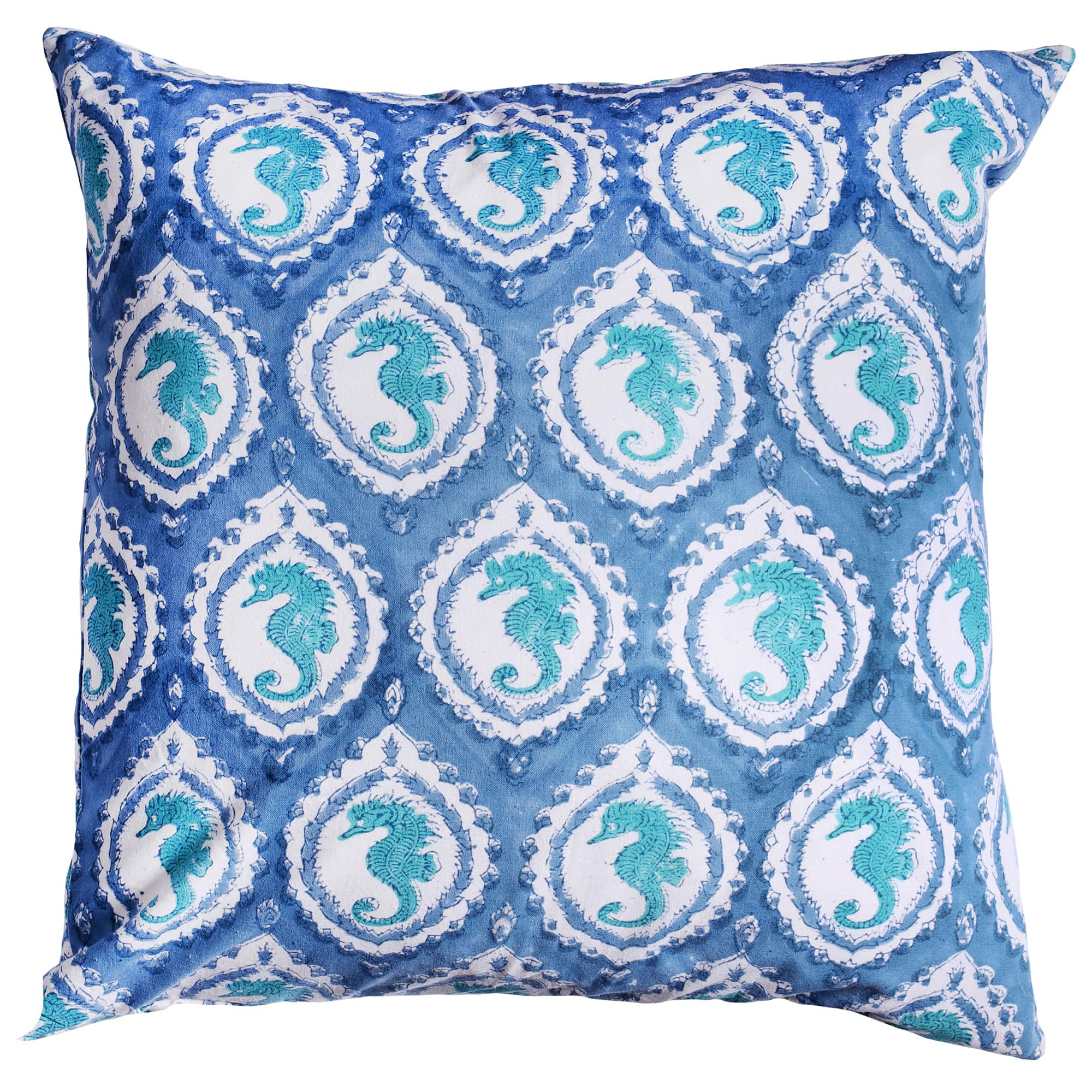 Marine Blue Seahorse Cameo cushion is a cute turquoise seahorse in a cameo design on white and the background colour is a soft warm blue.